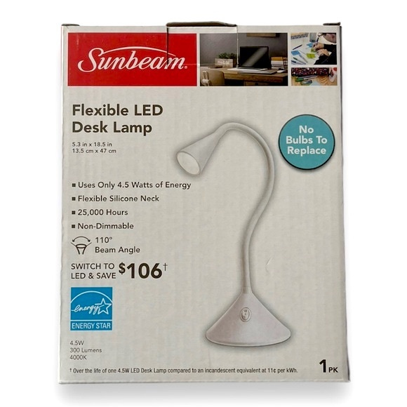 Sunbeam Flexible LED Desk Lamp Energy Star LED Adjustable White Task Lamp - Picture 2 of 4